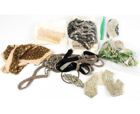 Early 20th century lace and beadwork collars and applique belts to include a silver bead and simulated pearl collar, a lace c