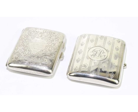 WILLIAM HAIR HASELER; a George V hallmarked silver cigarette case with engraved decoration and circular roundel with engraved