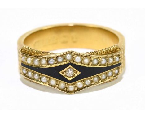 A 15ct yellow gold black enamel and seed pearl mourning ring, centred with a tiny diamond, with sections for hair to the band