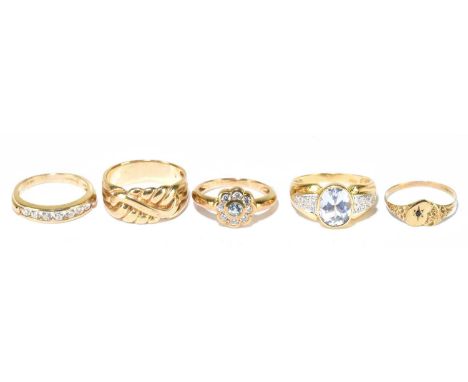 Five assorted 9ct yellow gold and yellow metal dress rings, sizes O, M, M 1/2, Q and L 1/2, combined approx. 16.3g.