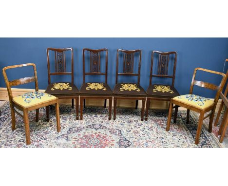 A set of four Edwardian inlaid mahogany bedroom chairs with tapestry seats, together with two walnut framed chair with tapest