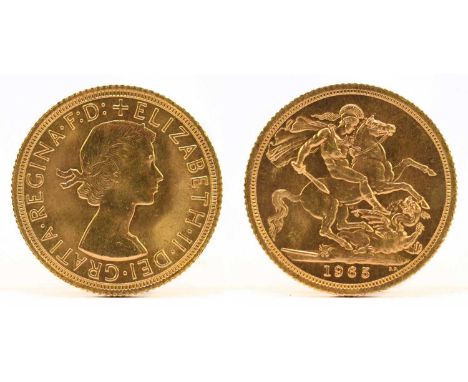 An Elizabeth II full sovereign, 1965, cased.Condition Report: The case with light wear and scuffs but the coin is presented i