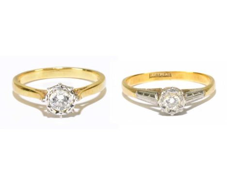 An 18ct yellow gold illusion set solitaire ring, the diamond weighing 0.36ct, size N, approx 3.1g together with an 18ct yello