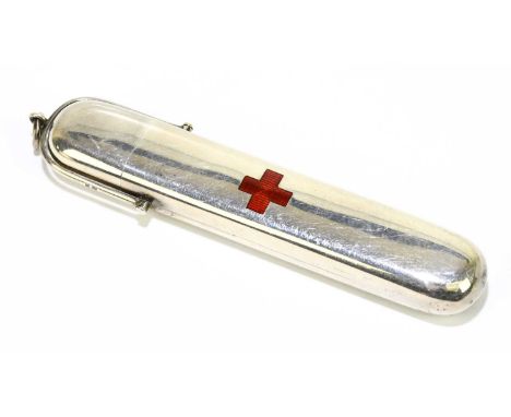 A George V hallmarked silver and enamelled thermometer case with enamelled red cross to the centre, the cover lid to enclose 