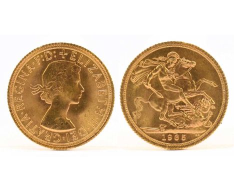 An Elizabeth II full sovereign, 1965, cased.Condition Report: The case with light wear and scuffs but the coin is presented i