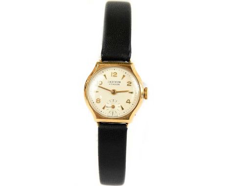J. W BENSON; a lady's 9ct gold wristwatch with Arabic and baton numeral and subsidiary seconds, with replacement leather stra