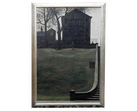 † DEREK WILKINSON (1929-2001); oil on board, 'Monarch Tea, King of Teas', two figures beside buildings and steps, signed, fra