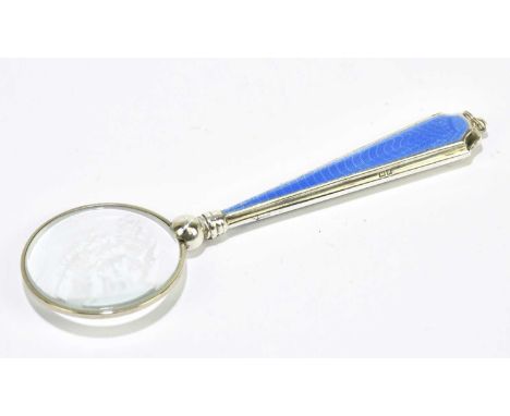 A George V hallmarked silver and blue enamel magnifying glass, Birmingham 1924, length 12.5cm.