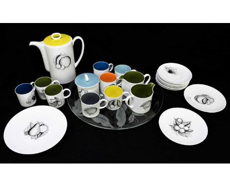 SUSIE COOPER; a tea service with transfer printed decoration of fruit, together with a glass plate. 