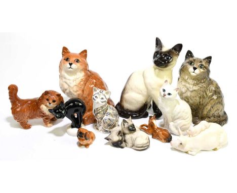 BESWICK; six models of cats and kittens, to include a Siamese example, height 23 cm, together with a Beswick model of a pig a