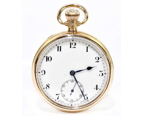 A 9ct gold pocket watch, the enamel dial with Arabic numerals and subsidiary seconds dial, with a Dennison watch case, gross 