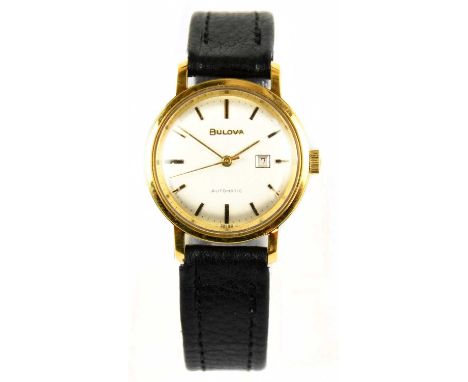 BULOVA; a plated and steel automatic wristwatch with baton numerals and date aperture.Condition Report: The watch is currentl