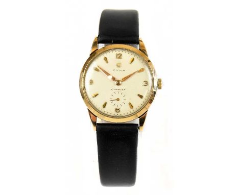 CYMA; a gentleman's 9ct gold Cymaflex 9ct gold wristwatch, with Arabic and baton numerals and subsidiary seconds, gross weigh