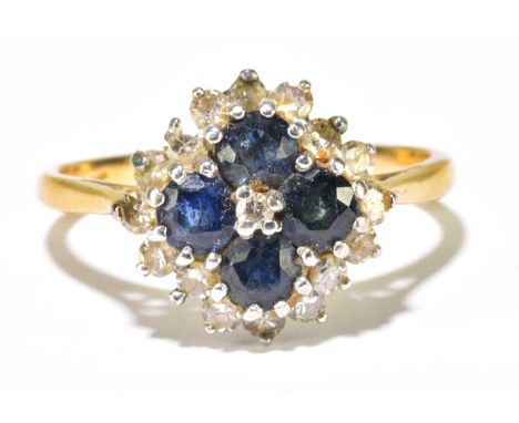 An 18ct yellow gold diamond and sapphire cluster ring, size O, approx 3.7g.Condition Report: The ring head measures approx 12