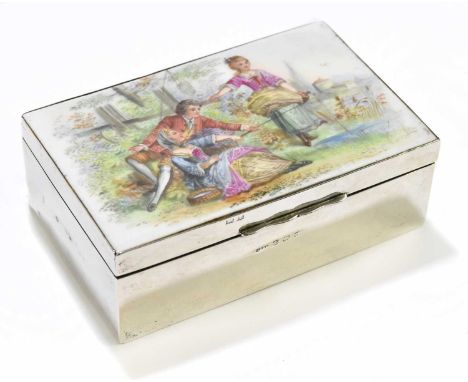 An Edwardian hallmarked silver porcelain mounted rectangular trinket box, the lid printed and painted with a scene of three f