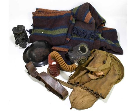 PIONEER; a gyro compass, possibly American, length 20cm, with a WWII gas mask, ARP type helmet, a canvas bag, etc.