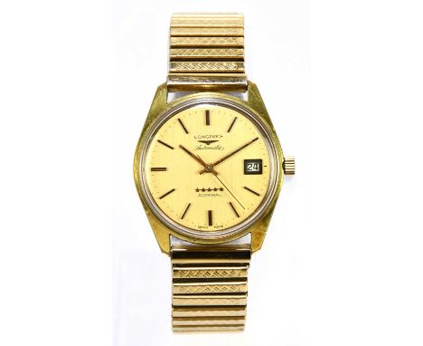 LONGINES; a gentleman’s gold plated and steel back automatic Admiral wristwatch, the face set with batons and subsidiary date