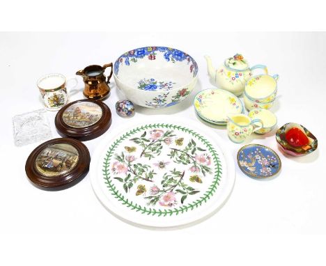 A collection of 19th century and later ceramics and glassware to include two Prattware pot lids, to include 'The Room in Whic