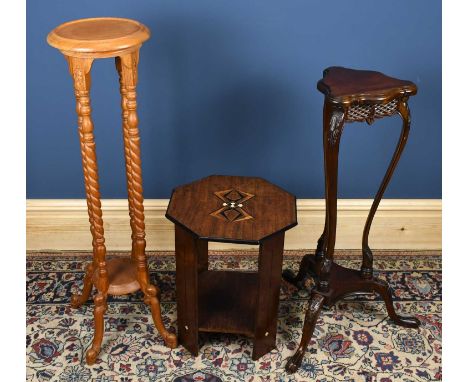 An Art Deco inlaid two tier occasional table, height 47cm, together with a modern mahogany jardinière stand and a modern pine