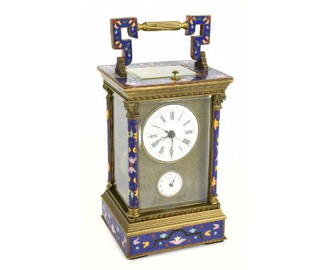A reproduction brass enamel decorated repeating carriage clock with Roman numerals to the white enamel dial, height 18cm.