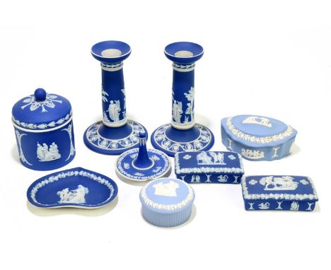 WEDGWOOD; a collection of 19th century and later jasperware, to include a pair of candlesticks, height 15cm and a pair of tri