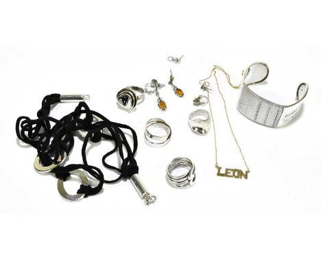 A 9ct yellow gold curb link necklace with named pendant ‘Leon’, approx weight 2.1g, together with an assortment of sterling s