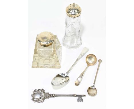A collection of small silver items comprising a George III hallmarked silver and bright cut engraved spoon, London 1797, a la