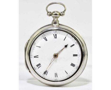 GEORGE DUNBAR, TURRIFF; a George III hallmarked silver pair cased open face key wind pocket watch, the enamel dial set with A