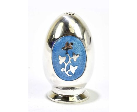 MEKA; a Danish silver and enamel pepperette with two oval blue enamel panels, height 5.25cm. Condition Report: Light patina t