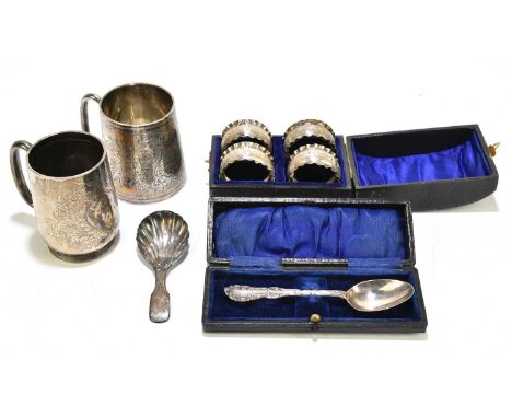 JOHN ROSE; a George V hallmarked silver christening mug of conical form, engraved with floral details, Birmingham 1911, with 