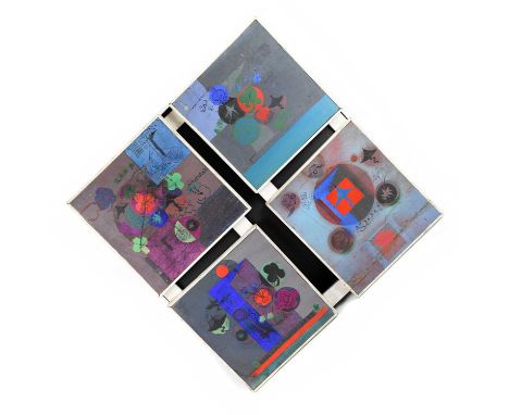 † GEOFFREY R OLSEN; mixed media, 'For the Lawn House', formed as four panels on a white painted frame, 73 x 75cm, with two la