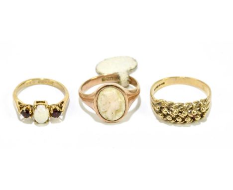 A 9ct rose gold signet ring (cut) and two further 9ct yellow gold rings, combined weight approx. 9g (3) 