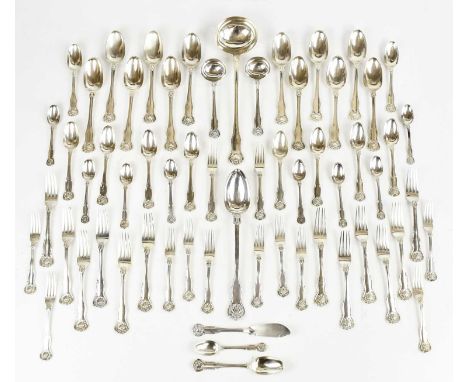 WILLIAM CHAWNER; a George IV part canteen of hallmarked silver King's Husk pattern flatware, comprising 12 table forks, 12 de