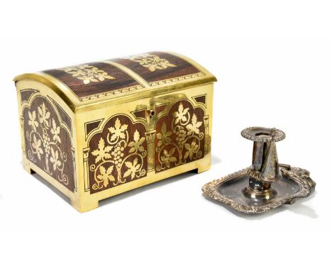 A modern brass bound dome topped jewellery casket in the manner Erhald &amp; Sons, width 16.5cm, together with a silver plate