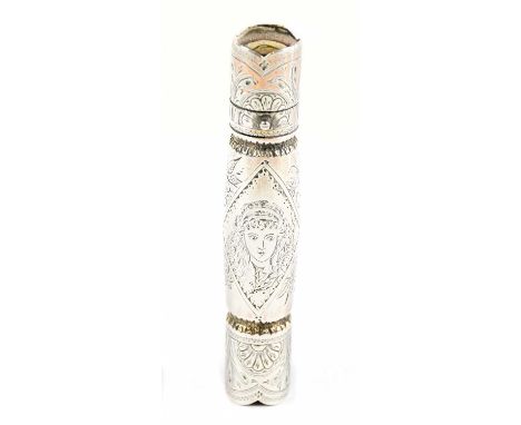 SAMPSON MORDAN; a Victorian hallmarked silver novelty perfume bottle in the form of a Christmas cracker, with chased decorati