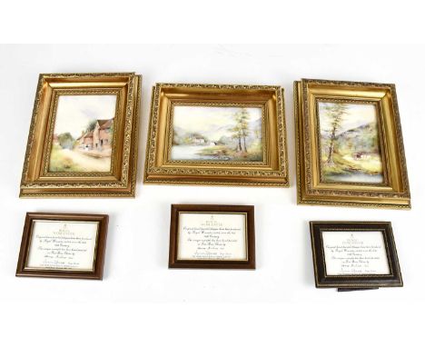 ROYAL WORCESTER; three hand painted rectangular plaques, painted by R. Badham, each decorated with a rural scene and signed, 