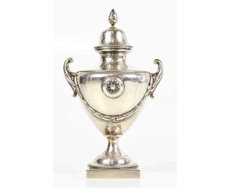 CW FLETCHER &amp; SON LTD; an Edwardian hallmarked silver lidded urn in the neo-Classical manner, Sheffield 1904, height 18.5