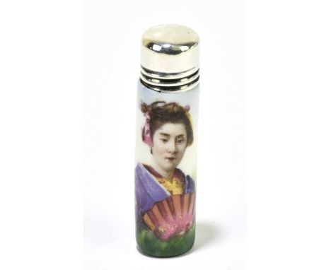 An Edwardian hallmarked silver mounted ceramic scent bottle printed with a Geisha, Birmingham 1904, length 6.5cm.  