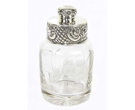 JAMES DEAKIN &amp; SONS; a Victorian hallmarked silver and glass tea caddy, Chester 1900, height 11cm.