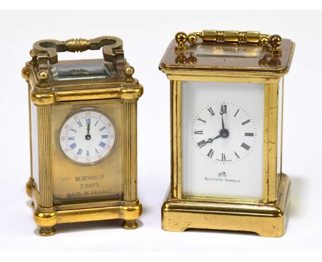 MATTHEW NORMAN; a brass cased carriage clock, the enamel dial set with Roman numerals, height 8cm, together with a late 19th 