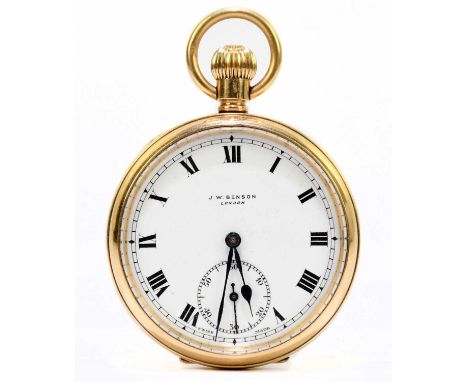 J.W. BENSON; a gentleman's 9ct gold crown wind open face pocket watch, the enamel dial set with Roman numerals and subsidiary