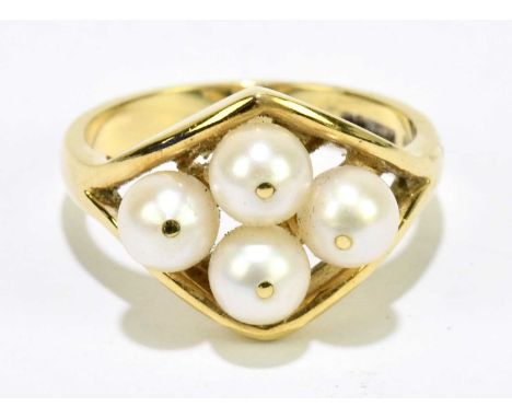 An 18ct yellow gold and pearl set ring with lozenge shaped platform, size L 1/2, approx. 4.9g. 