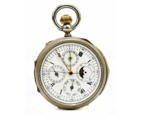 A crown wind base metal pocket watch with complicated movement and elaborate dial, set with moon phase, day of the week, date