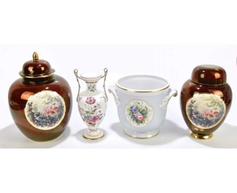 CARLTONWARE; a 'Rouge Royale' vase and cover and ginger jar and cover, each decorated with printed scenes in the 18th century