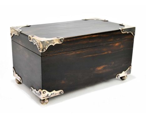BETJEMANN BROS; a late Victorian hallmarked silver mounted coromandel cigarette box with cedar wood interior, the hallmarked 