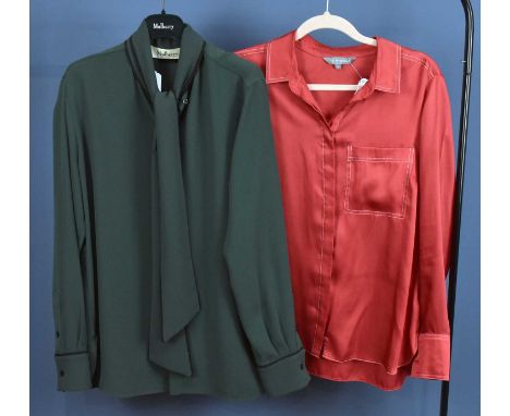MULBERRY; a bottle green polyester long sleeved blouse trimmed with black, with a pussy bowtie at neck, size 42, unworn and a