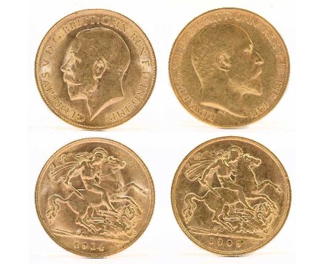 An Edward VII half sovereign, 1909, and a George V half sovereign, 1914 (2).Condition Report: Light wear to each but good con