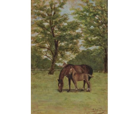   J. Schneider (Jakab Schneider, geb. 1886 Szentfülöp, ?)  1924     Stute Lám mit ihrem Hengstfohlen  R. u. signiert, l. u. O