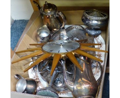 A plated ware tea service and candelabra, tray, rosebowl etc, meatplate and a wall clock