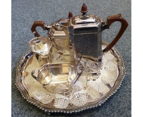 A four piece electroplated Art Deco tea & coffee service by Roberts & Belk together with a electroplated circular silver tray